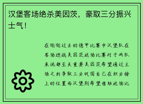 汉堡客场绝杀美因茨，豪取三分振兴士气！