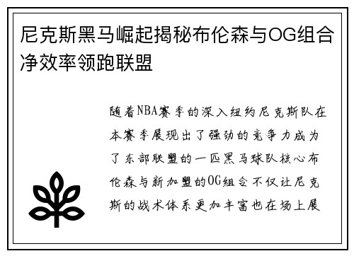 尼克斯黑马崛起揭秘布伦森与OG组合净效率领跑联盟